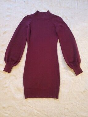 She + Sky Plum Knit Balloon-Sleeve Sweater Dress Bodycon Mock Neck Ribbed